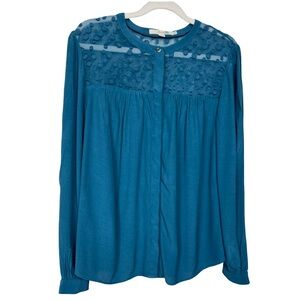 Boden Long Sleeve Arianna Blouse Button Up Semi Sheer Yoke Teal  US Sz 10